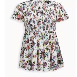 Torrid White and Pink Smocked Floral Blouse